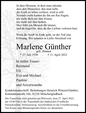 Traueranzeige von Marlene Günther von trauer.extra-tipp-moenchengladbach.de