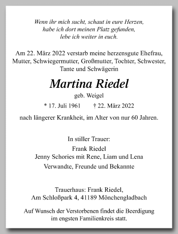 Traueranzeige von Martina Riedel von trauer.extra-tipp-moenchengladbach.de
