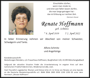 Traueranzeige von Renate Hoffmann von trauer.extra-tipp-moenchengladbach.de