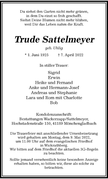 Traueranzeige von Trude Sattelmeyer von trauer.extra-tipp-moenchengladbach.de