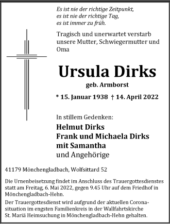 Traueranzeige von Ursula Dirks von trauer.extra-tipp-moenchengladbach.de