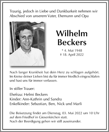 Traueranzeige von Wilhelm Beckers von trauer.extra-tipp-moenchengladbach.de