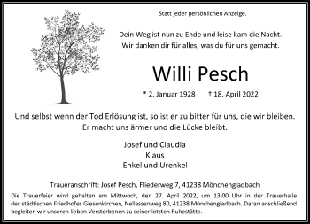 Traueranzeige von Willi Pesch von trauer.extra-tipp-moenchengladbach.de