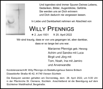 Traueranzeige von Willy Pfennigs von trauer.extra-tipp-moenchengladbach.de