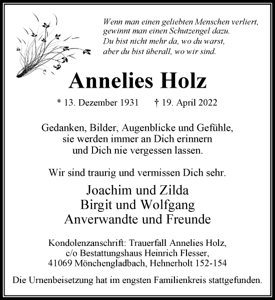 Traueranzeige von Annelies Holz von trauer.extra-tipp-moenchengladbach.de