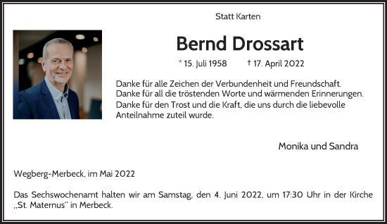 Traueranzeige von Bernd Drossart von trauer.extra-tipp-moenchengladbach.de