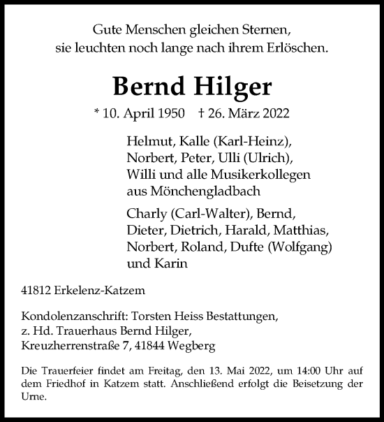 Traueranzeige von Bernd Hilger von trauer.extra-tipp-moenchengladbach.de