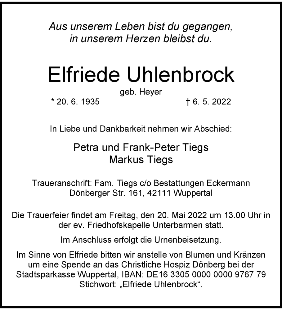  Traueranzeige für Elfriede Uhlenbrock vom 14.05.2022 aus trauer.wuppertaler-rundschau.de