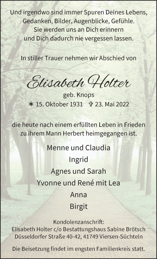 Traueranzeige von Elisabeth Holter von trauer.extra-tipp-moenchengladbach.de