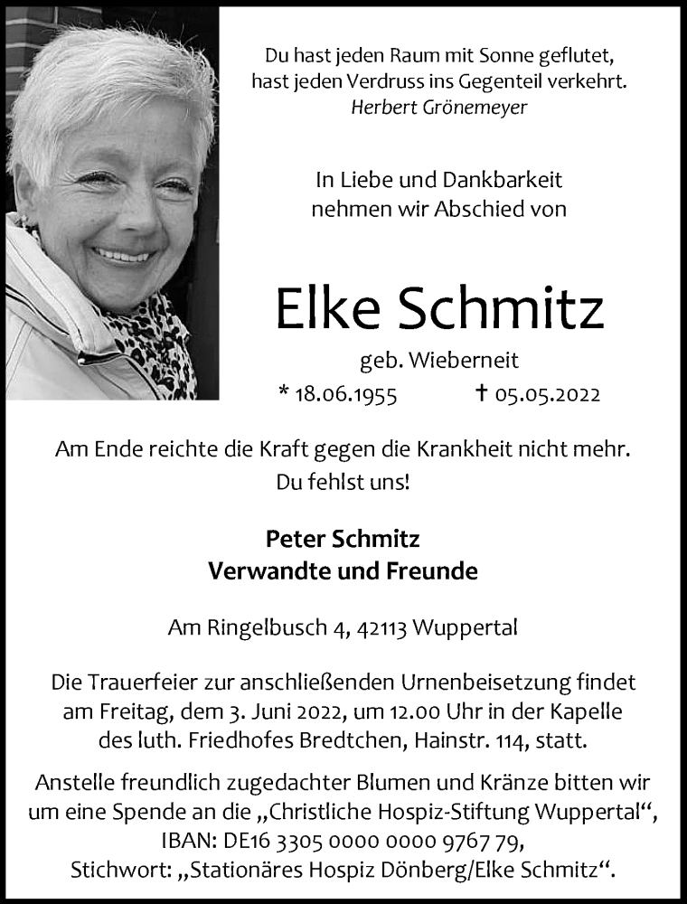  Traueranzeige für Elke Schmitz vom 14.05.2022 aus trauer.wuppertaler-rundschau.de