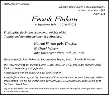 Traueranzeige von Frank Finken von trauer.stadt-kurier.de