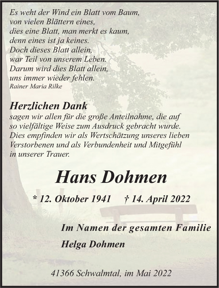  Traueranzeige für Hans Dohmen vom 08.05.2022 aus trauer.extra-tipp-moenchengladbach.de