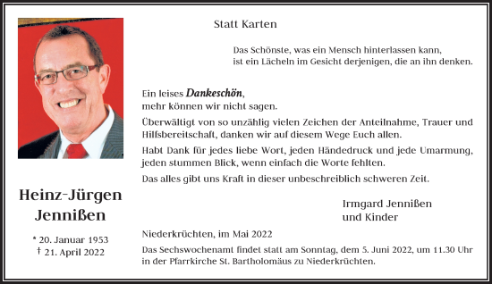 Traueranzeige von Heinz-Jürgen Jennißen von trauer.extra-tipp-moenchengladbach.de