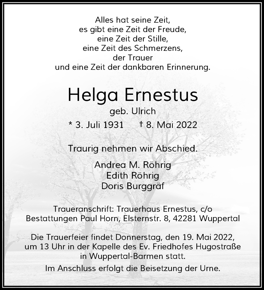  Traueranzeige für Helga Ernestus vom 14.05.2022 aus trauer.wuppertaler-rundschau.de