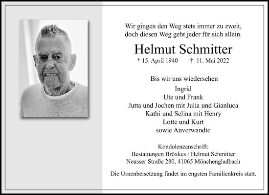 Traueranzeige von Helmut Schmitter von trauer.extra-tipp-moenchengladbach.de