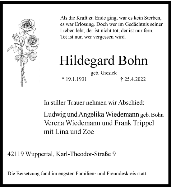 Traueranzeige von Hildegard Bohn von trauer.wuppertaler-rundschau.de
