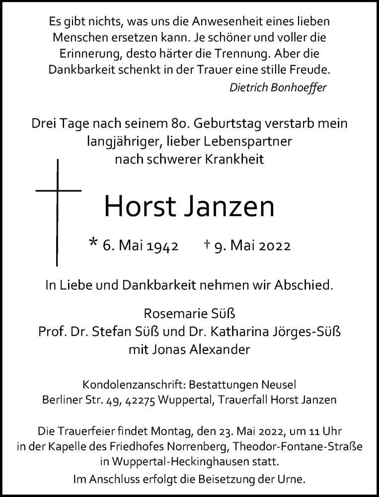  Traueranzeige für Horst Janzen vom 14.05.2022 aus trauer.wuppertaler-rundschau.de
