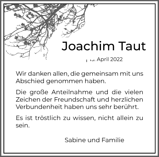 Traueranzeige von Joachim Taut von trauer.extra-tipp-moenchengladbach.de