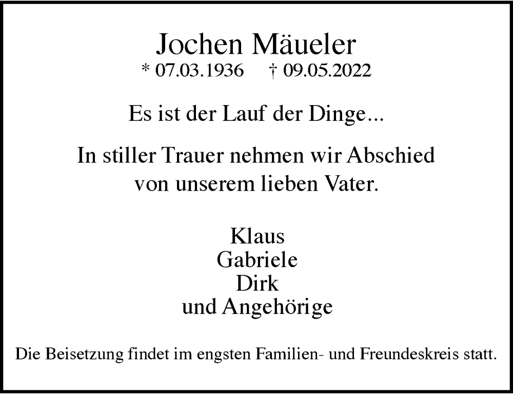  Traueranzeige für Jochen Mäueler vom 14.05.2022 aus trauer.wuppertaler-rundschau.de