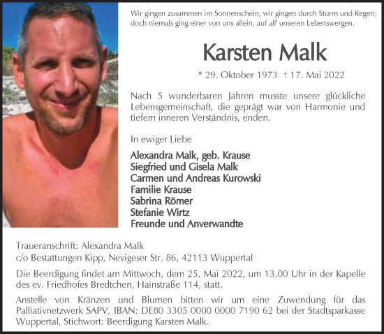 Traueranzeige von Karsten Malk von trauer.wuppertaler-rundschau.de