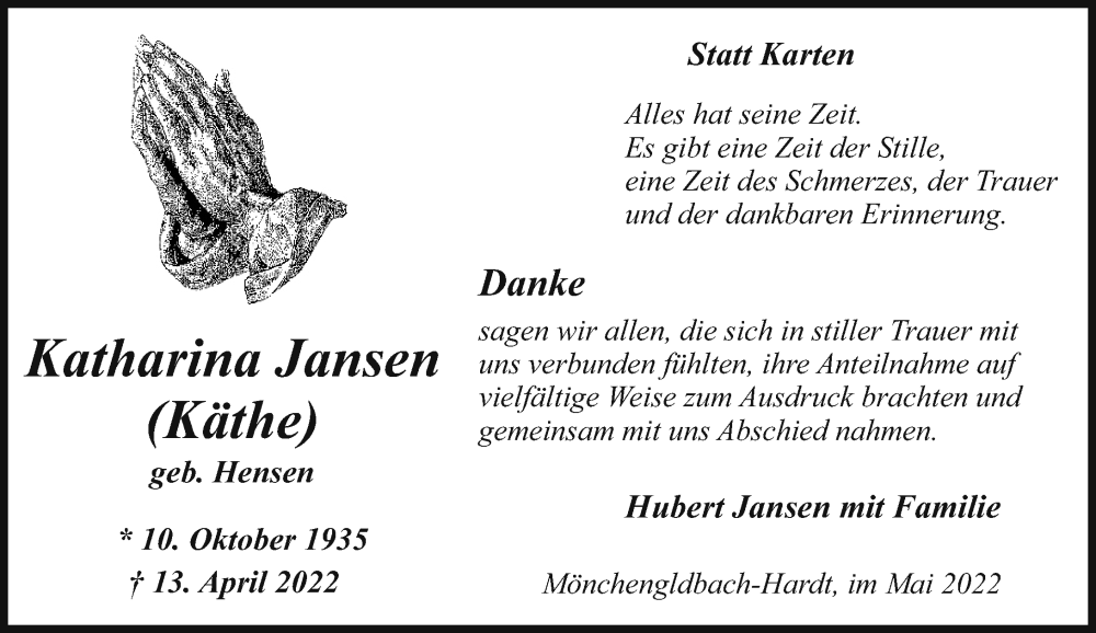 Traueranzeige für Katharina Jansen vom 29.05.2022 aus trauer.extra-tipp-moenchengladbach.de