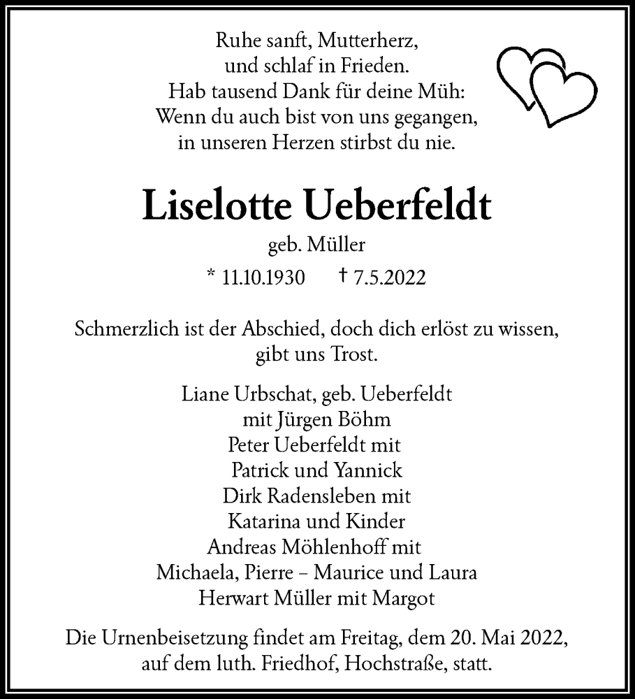  Traueranzeige für Liselotte Ueberfeldt vom 14.05.2022 aus trauer.wuppertaler-rundschau.de