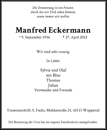 Traueranzeige von Manfred Eckermann von trauer.wuppertaler-rundschau.de