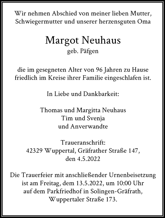 Traueranzeige von Margot Neuhaus von trauer.wuppertaler-rundschau.de