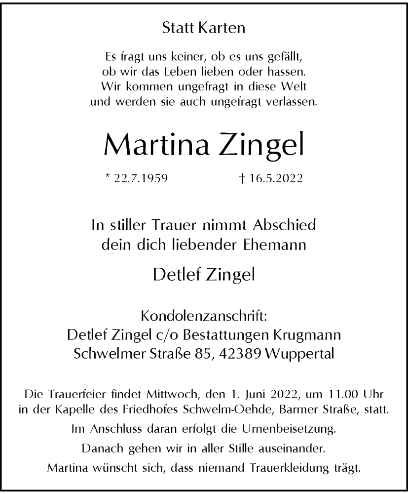  Traueranzeige für Martina Zingel vom 28.05.2022 aus trauer.wuppertaler-rundschau.de