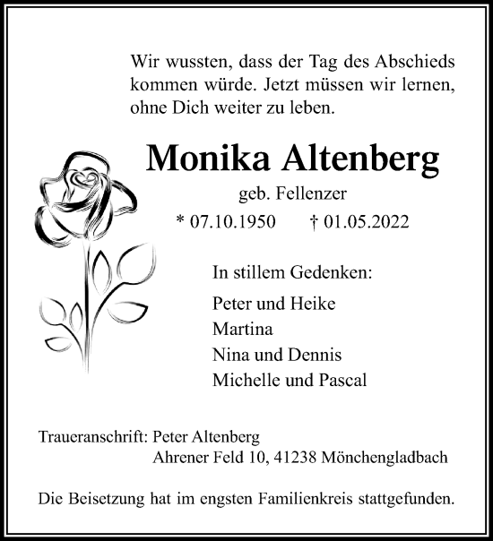 Traueranzeige von Monika Altenberg von trauer.extra-tipp-moenchengladbach.de