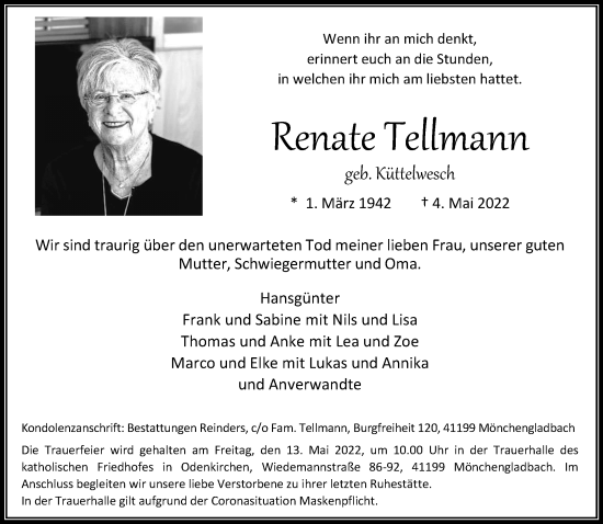 Traueranzeige von Renate Tellmann von trauer.extra-tipp-moenchengladbach.de