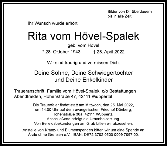 Traueranzeige von Rita vom Hövel-Spalek von trauer.wuppertaler-rundschau.de