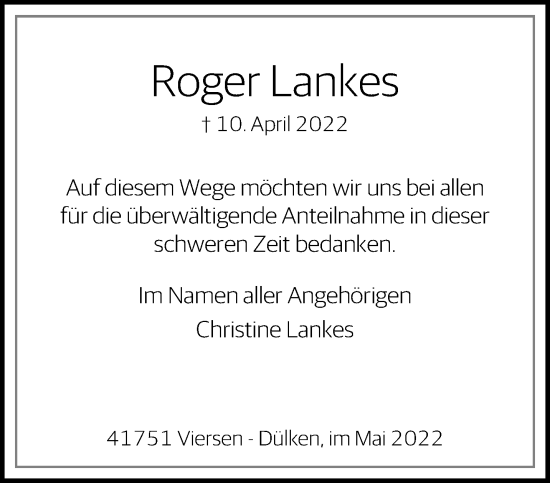 Traueranzeige von Roger Lankes von trauer.extra-tipp-moenchengladbach.de