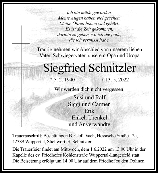 Traueranzeige von Siegfried Schnitzler von trauer.wuppertaler-rundschau.de