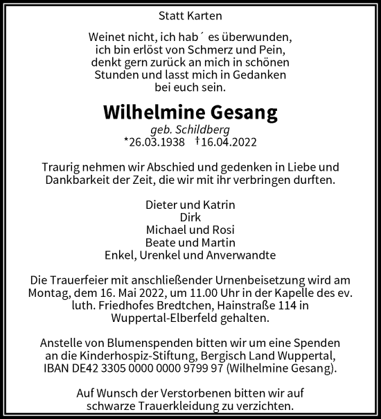 Traueranzeige von Wilhelmine Gesang von trauer.wuppertaler-rundschau.de