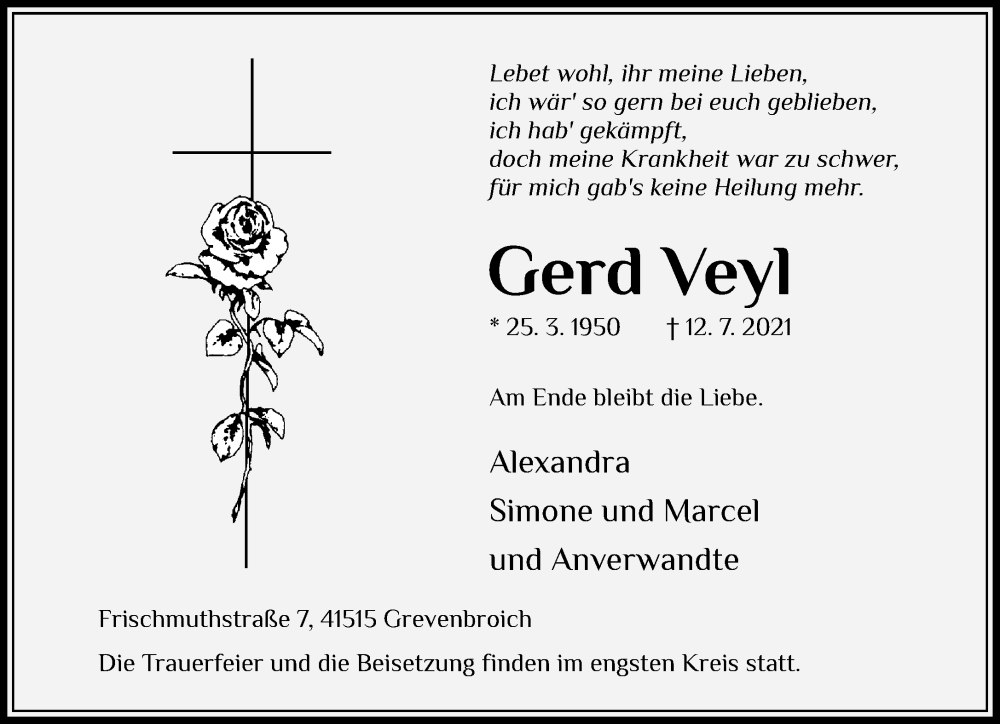  Traueranzeige für Gerd Veyl vom 12.07.2021 aus trauer.stadt-kurier.de