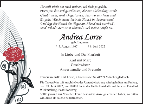 Traueranzeige von Andrea Lorse von trauer.extra-tipp-moenchengladbach.de