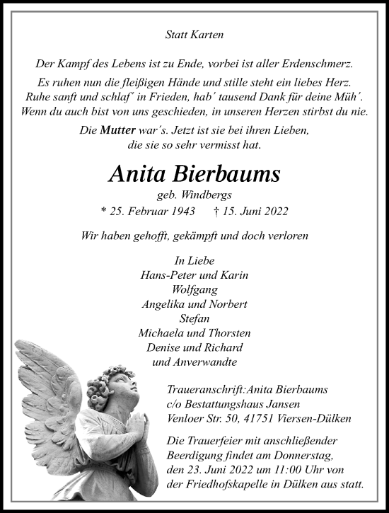 Traueranzeige von Anita Bierbaums von trauer.extra-tipp-moenchengladbach.de