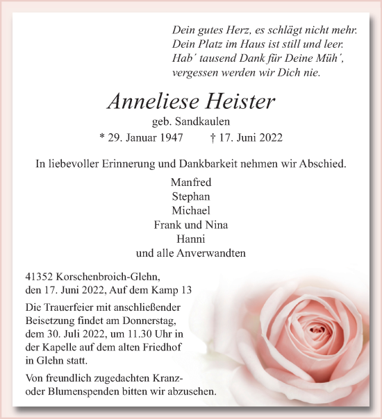 Traueranzeige von Anneliese Heister von trauer.extra-tipp-moenchengladbach.de