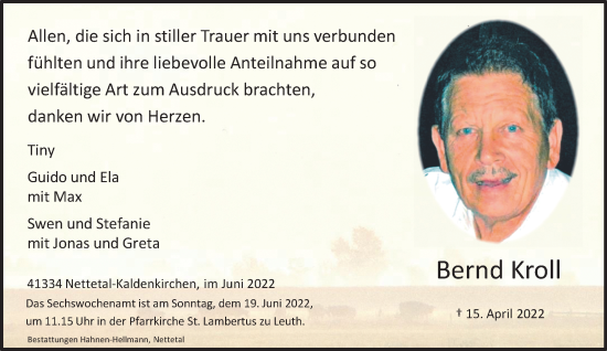 Traueranzeige von Bernd Kroll von trauer.extra-tipp-moenchengladbach.de