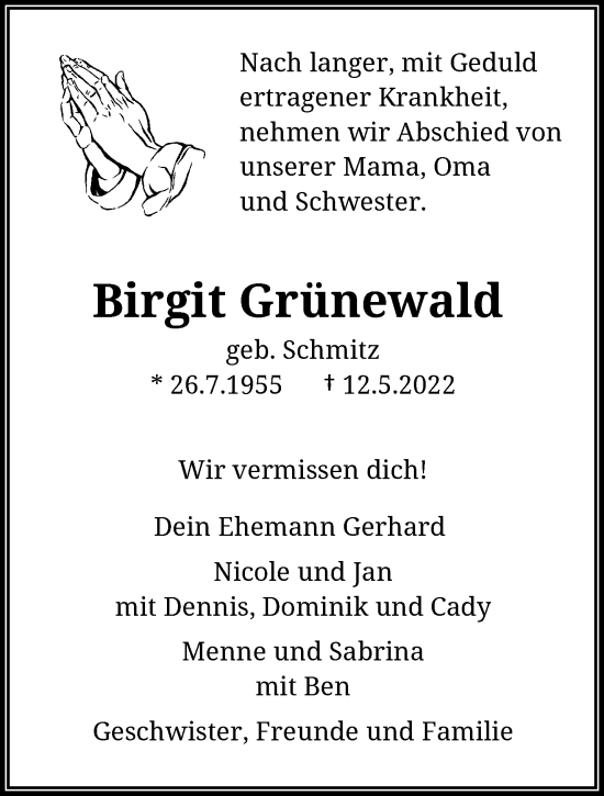 Traueranzeige von Birgit Grünewald von trauer.wuppertaler-rundschau.de