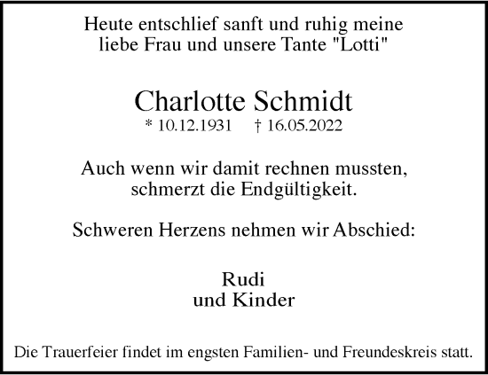Traueranzeige von Charlotte Schmidt von trauer.wuppertaler-rundschau.de
