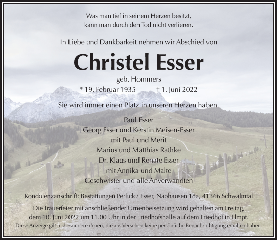 Traueranzeige von Christel Esser von trauer.extra-tipp-moenchengladbach.de