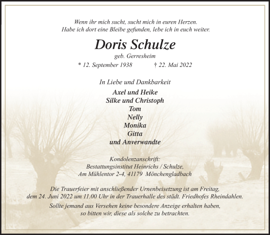 Traueranzeige von Doris Schulze von trauer.extra-tipp-moenchengladbach.de