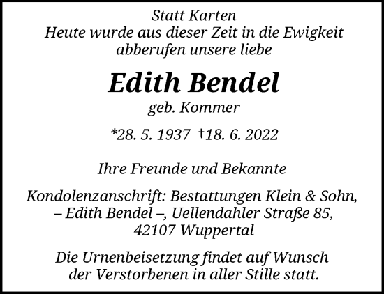 Traueranzeige von Edith Bendel von trauer.wuppertaler-rundschau.de