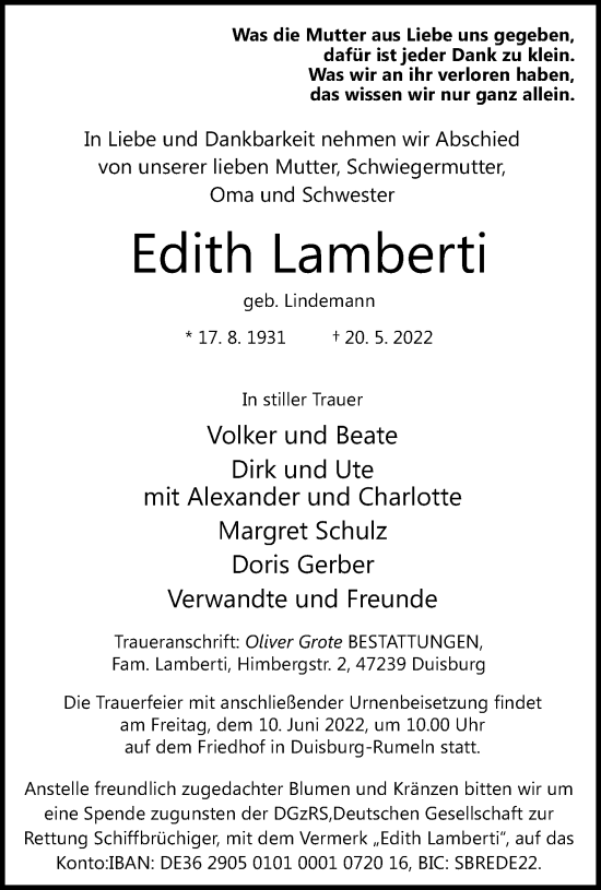 Traueranzeige von Edith Lamberti von trauer.mein.krefeld.de