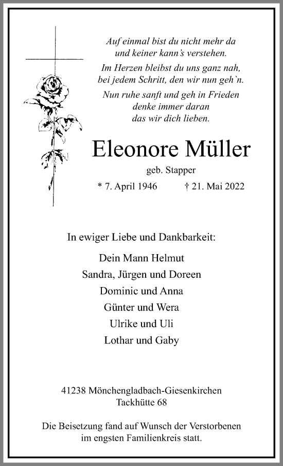 Traueranzeige von Eleonore Müller von trauer.extra-tipp-moenchengladbach.de