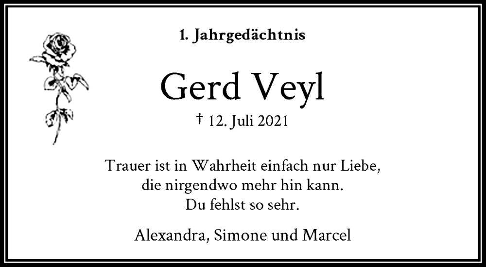  Traueranzeige für Gerd Veyl vom 09.07.2022 aus trauer.stadt-kurier.de