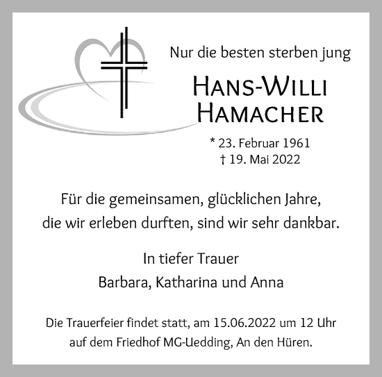 Traueranzeige von Hans-Willi Hamacher von trauer.extra-tipp-moenchengladbach.de