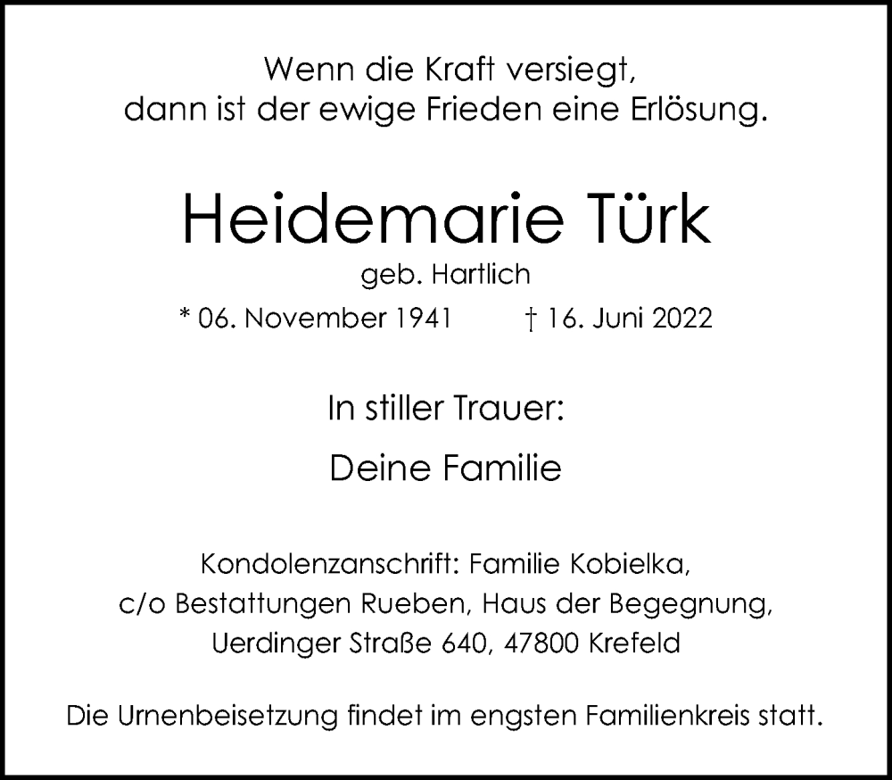 Traueranzeige für Heidemarie Türk vom 26.06.2022 aus trauer.mein.krefeld.de